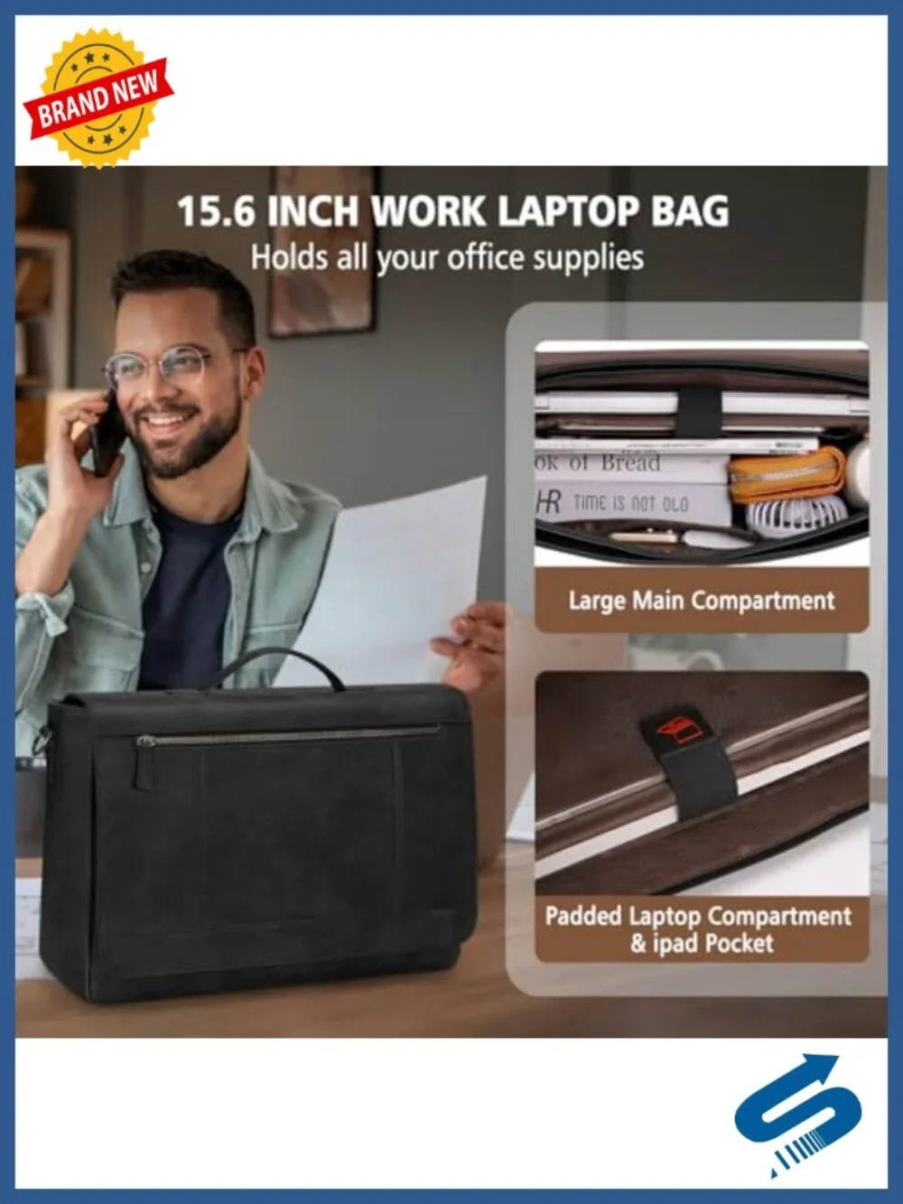 PU Leather Laptop Messenger Bag for 15.6 Inch Briefcase Vintage Satchel